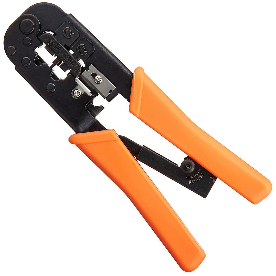 All-in-one Voice / Data / Video crimping tool with wire stripper and cutter | Crimps RJ11/12 (6P 6C) and RJ45 (8P 8C) | Ratcheting handle | Built-in flat / round cable strippers and cutter | Comfort grip handle