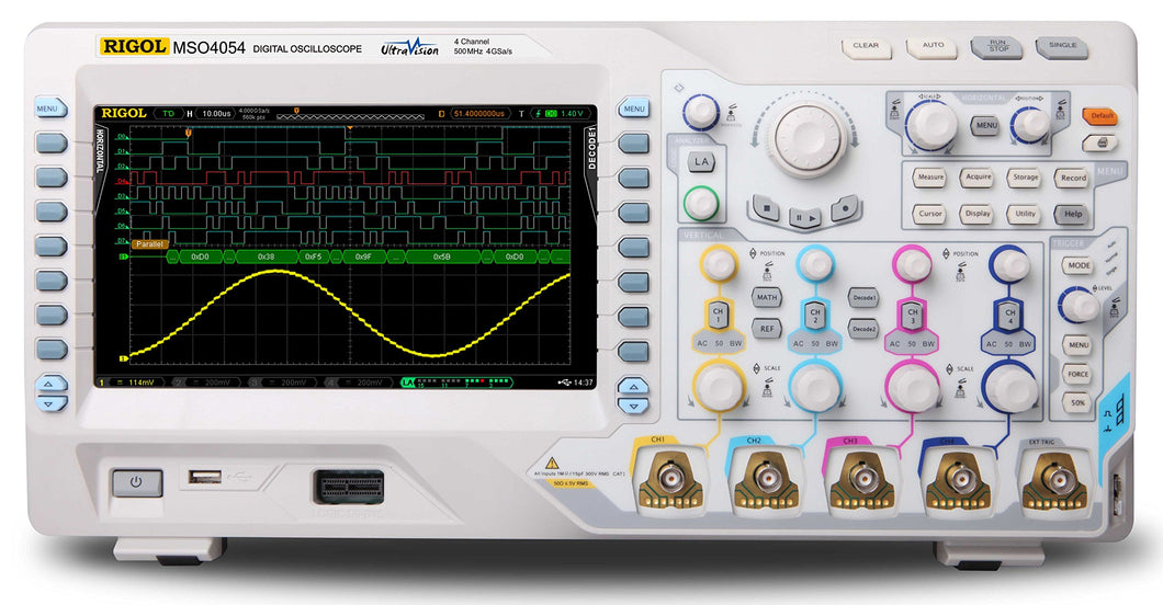 500MHz ,4GSa/s, 4CH Mixed Signal Oscilloscope, 4GS/s, 140Mpoint memory | 500 MHz Bandwidth | 4 channels + 16 channels for Logic Analyzer | Real-time sample rate: analog channel up to 4 GSa/s, digital channel up to 1 GSa/s | Memory depth: analog channel up to 140 Mpts, digital channel up to 28 Mpts