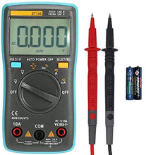 Load image into Gallery viewer, Battery powered, auto-ranging digital multimeter with 4000 counts and backlit LCD display | Measures AC/DC voltage, AC/DC current, resistance, capacitance, frequency, duty cycle, diode, and continuity | Compact and lightweight for carrying in your hand or pocket, also features a fold out stand for easy viewing | Comes with leads and instruction manual | Powered by 2x AAA batteries (included)

