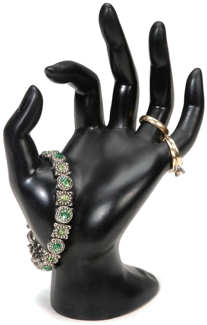 Holds rings, bracelets, and necklaces | Elegant hand form shape | Black polyresin material | Measures 6.5-inch height, 4.7-inch width, 3.5-inch depth | Perfect for business use to showcase products or home use to store and organize jewelry