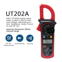 Load image into Gallery viewer, Uni-T UT202A Auto-Ranging AC DC 600 Amps Auto/Manual Range Digital Handheld Clamp Meter Multimeter Test Tool

