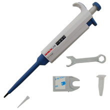 Load image into Gallery viewer, Adjustable volume range of 0.1µl to 2.5µl | Clearly read the volume setting with the built-in display | Calibrated in accordance with ISO8655, test certificate supplied with each pipette | Easy to use lightweight and ergonomic design | Includes micropipette, tip, holder, calibration tool, grease, certificate and user manual
