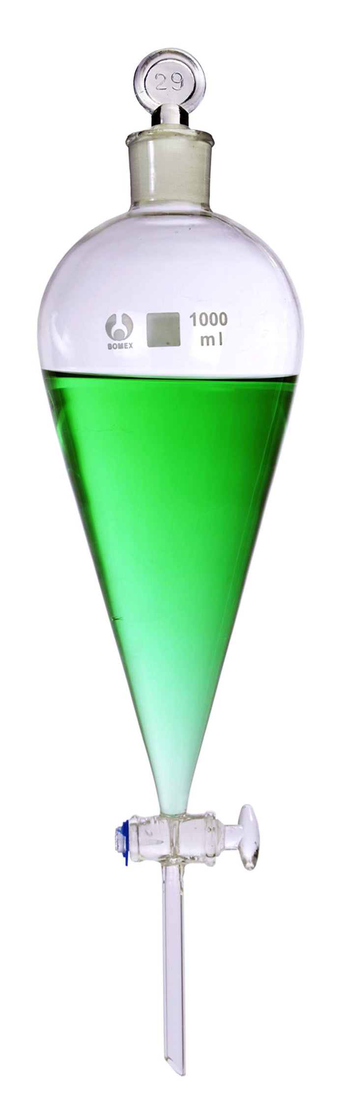 Made of Bomex glass | A separatory funnel is most of ten used in laboratories to distinguish the densities between of 2 different liquids | These are conical shaped funnel | Come with a ground glass stopper and stopcock | 1000 milliliter Capacity