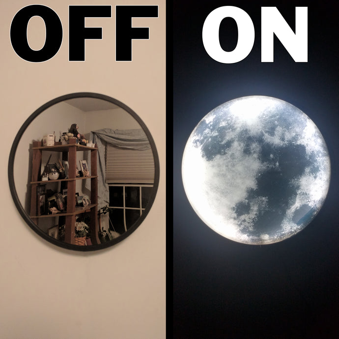 This elegant round mirror transforms into a beautiful moon night light with the push of a button! | USB power cord with easy to operate on/off button | Uses energy efficient LED lighting to illuminate the moon pattern | Measures 9.84 inches with a thickness of 1.10 inches | Mounting hardware is included