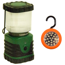 Load image into Gallery viewer, This lantern shines 400 lumens of LED lights,takes 3 D batteries, and can stay going for more then 100 continuous hours! | Compact, only 8 inches tall, which makes it the perfect size for basements, garages, hiking, camping trips, or in emergencies | Green &#39;locator&#39; LED flashes every 5 seconds on standby mode - find this lantern even when it&#39;s dark! (*note this uses very little battery) | Water-resistant, reinforced case | Also includes hanging tent light with collapsible hook
