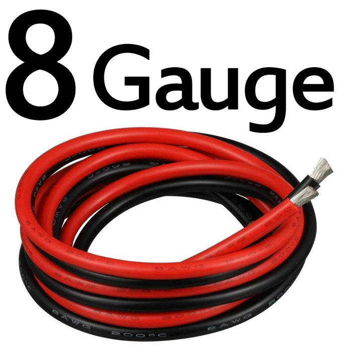 8 Gauge silicone wire kit: 2 colors, 3 feet of red and 3 feet of black | Soft Silicone Rubber Coating | High strand count copper core, 8 AWG silicone stranded wire has 1650 strands 0.08 mm tinned copper wire, the copper strands are tinned, protecting them from corrosion and making it easier to solder. | They are constructed with premium silicone rubber insulation. High temperature resistance 200 degree C,Low temperature resistance,in extreme cold -60 degree C. Rated Voltage: 600 volts. Outside d