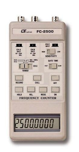 Handheld instrument ideal for the VHF and UHF frequencies | 3 ranges 2500 MHz, 500 MHz, 10 MHz | 8 digit LCD display | Frequency, period, data hold, max, min, average | Best resolution 0.1Hz with 50mV sensitivity
