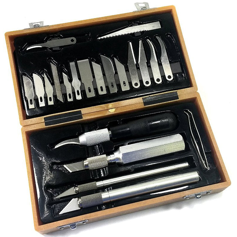 Includes four different size knife handles with pre-inserted blades, 17 extra assorted blades, and tweezers | Comes in a storage case that holds the handles, blades, and tweezers | Use blades to cut, scratch, etch, scrape, layout, and make models | Great gift for hobbyists, artists, and designers | Electronix Express brand