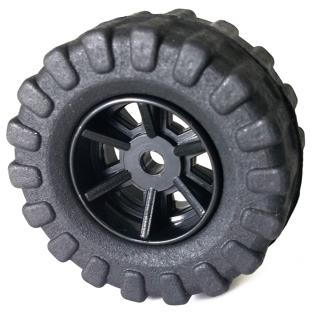 Black tire, Diameter: 36mm, Width: 16mm | Ideal for robotics projects, remote controlled cars or trucks, and other DIY toys and models | Made of soft plastic rubber material | Features a glossy black 6-spoke rim | Suitable as a replacement tire, or to be kept on hand as a spare