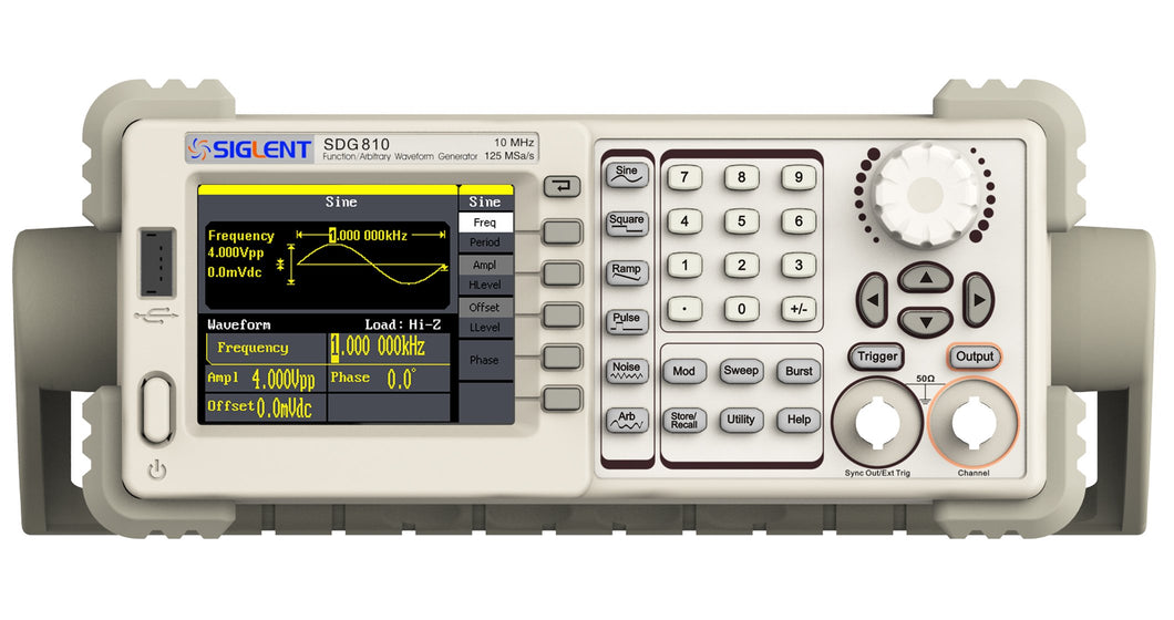 Advanced DDS technology, 125 MSa/s sampling rate, 14 bit vertical resolution | Single channel output, 5 kinds of standard waveforms, built-in 46 kinds of arbitrary waveforms (including DC) | Complete modulation functions: AM, DSB-AM, FM, PM, FSK, ASK, PWM, linear/logarithmic sweep and burst | Innovative easy Pulse technology, can output pulse of low jitter, quick rising/falling edge | Standard interfaces: USB Device, USB Host, support U-Disk storage and software update