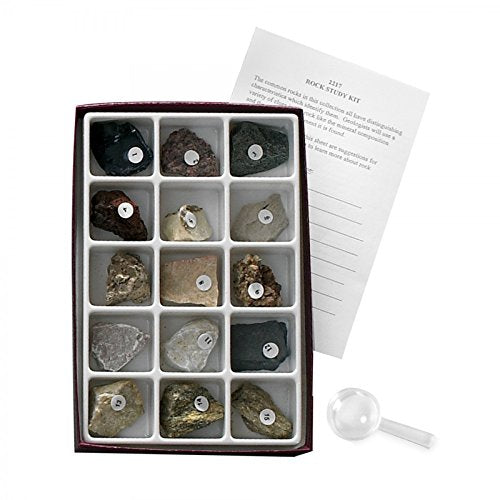 A great introductory kit for studying the basic rock types. | Includes five each of igneous, sedimentary and metamorphic rocks, activity guide, and magnifying glass.