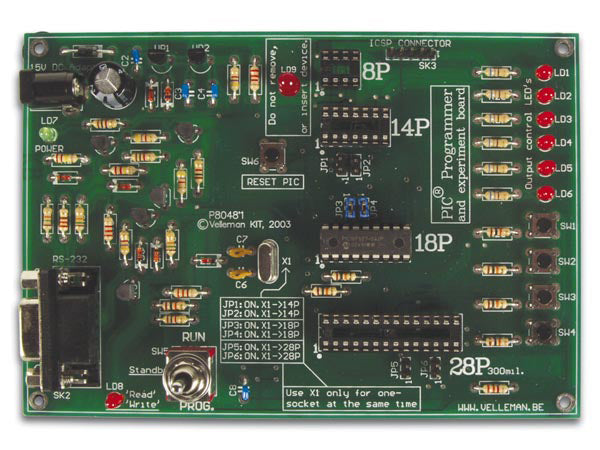 supports 4 different 300 mil. PICs: 8p  14p  18p and 28p | test buttons and LED indicators to carry out educational experiments  such as the enclosed programming examples | easy connection to a PC through the serial port | enclosed is a Flash Microcontroller (PIC16F627) that can be reprogrammed up to 1000 times for experimenting at will | software to compile and program your source code is available on our website