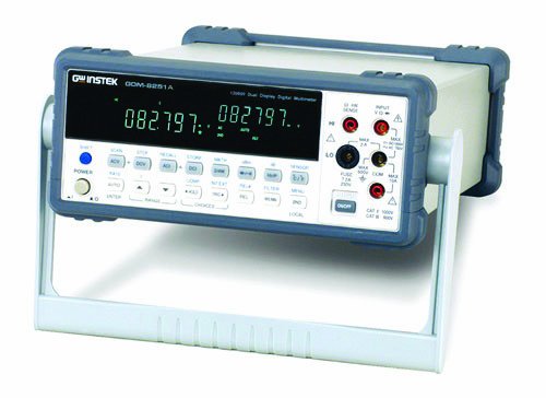 Manual and auto-ranging bench-top digital multimeter measures voltage, current, resistance, frequency, and temperature,  and performs continuity and diode tests | AC or AC +DC true RMS meter provides accurate readings when measuring linear or nonlinear loads where the current or voltage has a sinusoidal or nonsinusoidal waveform | Two-color 120,000 count (5-1/2 digit) VFD (vacuum fluorescent display) panel displays two reading simultaneously | RS-232C, USB, and digital I/O interfaces export data