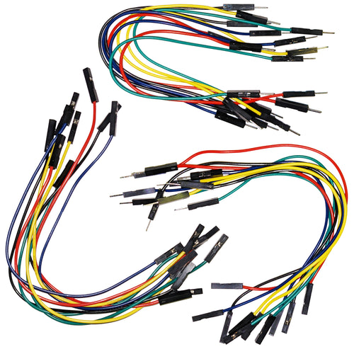30 piece jumper wire set | 10 pieces each of Male to Male, Female to Male, Female to Female | 5 assorted colors | 6