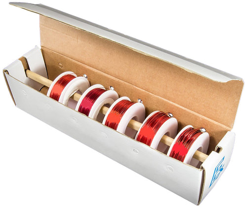 Magnet wire in a convenient dispensing box by Electronix Express | Ideal for receiving and transmitting projects | 5 Gauges (22, 24, 28, 30, 32) | Each spools is 1/4 lb | Five gauges with length: 22 (125'), 24 (200'), 28 (500'), 30 (775'), 32 (1950')