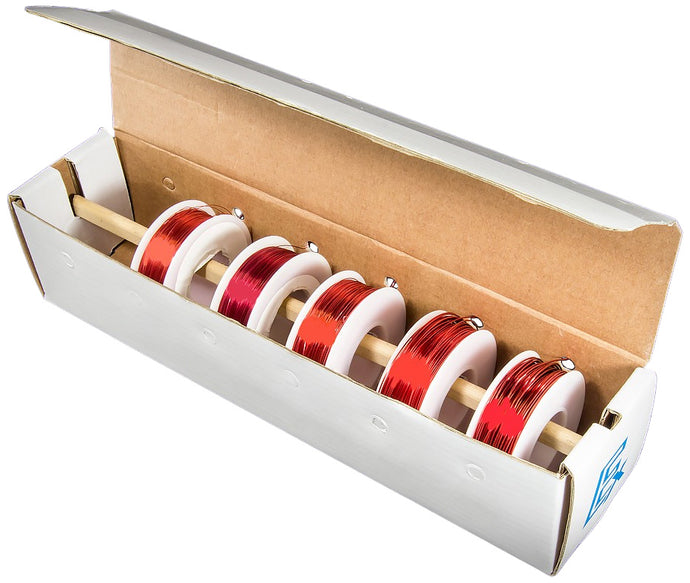 Magnet wire in a convenient dispensing box by Electronix Express | Ideal for receiving and transmitting projects | 5 Gauges (22, 24, 28, 30, 32) | Each spools is 1/4 lb | Five gauges with length: 22 (125'), 24 (200'), 28 (500'), 30 (775'), 32 (1950')