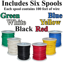 Load image into Gallery viewer, Solid 22 Gauge Hook Up Wire Kit - Includes 6 Different Color 100 Foot Spools, Tinned Copper, PVC Insulated
