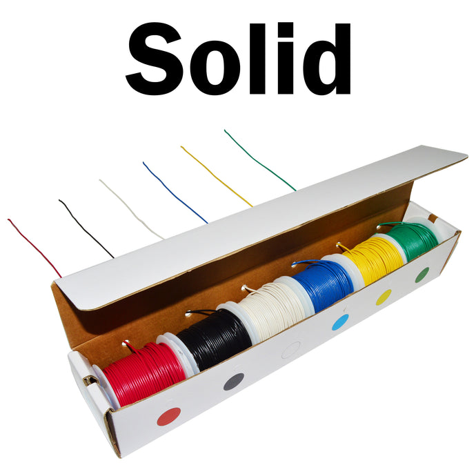 Solid 22 Gauge Hook Up Wire Kit - Includes 6 Different Color 100 Foot Spools, Tinned Copper, PVC Insulated