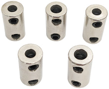 Load image into Gallery viewer, 5 Pack 4.3mm to 5.6mm Metal Coupling Connector with Set Screws for Robotics / RC Motor Axle, 19.1mm Length, Silver Color
