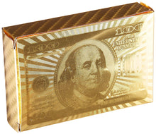 Load image into Gallery viewer, Durable Waterproof Deck of 24K Gold Foil Playing Cards with Hundred Dollar Bill Design
