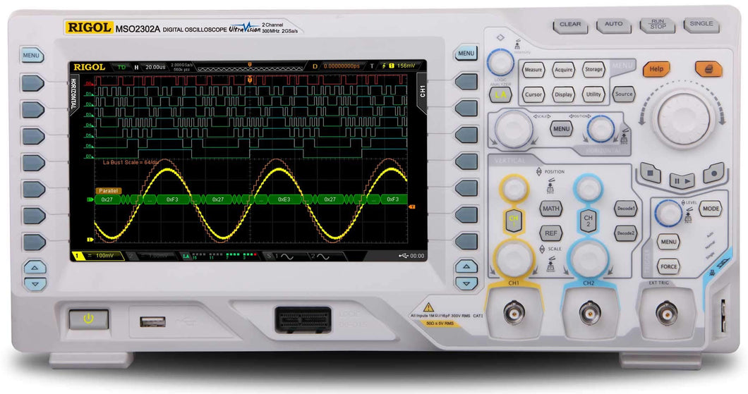 300 MHz, 2 Channel Mixed Signal Oscilloscope with 2 GSa/sec and 14 Mpts memory standard as well as low noise front end. 50 Ohm input included | 300MHz Bandwidth, 16 Digital Channel (MSO) | 2 Analog Channels | 1 ns/div to 1.000 ks/div Time Base Scale | Calculated Rise Time: 1.2ns