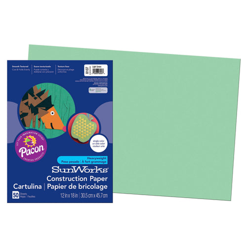 Heavyweight groundwood construction paper | Bright, consistent colors | Smooth textured paper cuts and folds evenly without cracking | 50-pack of Light Green paper, 12-inch by 18-inch sheets | Recyclable