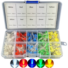 Load image into Gallery viewer, Assortment of 300 diffused LEDs in a convenient storage case | Head diameters are 3mm and 5mm | Colors: White, Red, Blue, Green, Yellow | Voltage ranges from 2V to 3.4V | Current: 20mA
