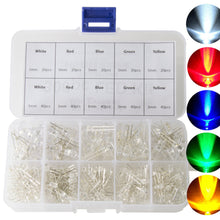 Load image into Gallery viewer, 3mm &amp; 5mm clear LEDs | 40 pcs ea. of white, red, blue, green, yellow 3mm clear LEDs | 20 pcs ea. of white, red, blue, green, yellow 5mm clear LEDs | Round bulb type
