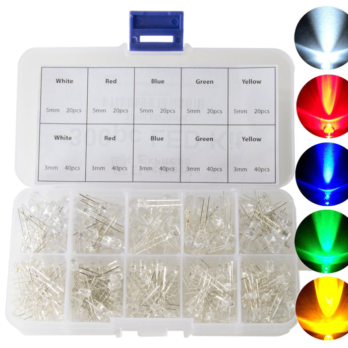 3mm & 5mm clear LEDs | 40 pcs ea. of white, red, blue, green, yellow 3mm clear LEDs | 20 pcs ea. of white, red, blue, green, yellow 5mm clear LEDs | Round bulb type