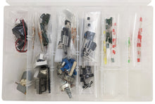Load image into Gallery viewer, Basic Prototyping Parts Kit - Includes Resistors, Capacitors, Trimpots, Potentiometers, IC Sockets, Perf Boards, ICs, LEDs, Switches, and more
