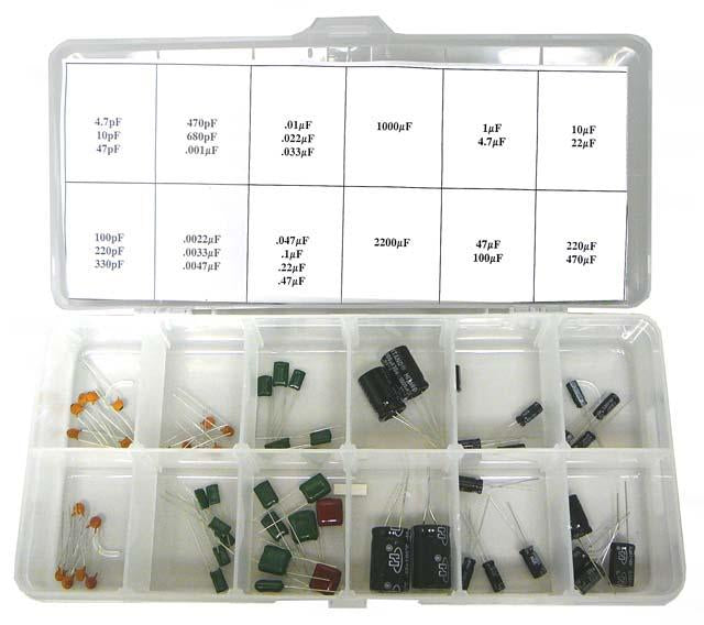 58 Piece Capacitor Assortment - Includes Disc, Mylar, and Electrolytic - Values from 4.7 pF to 2,200 µF