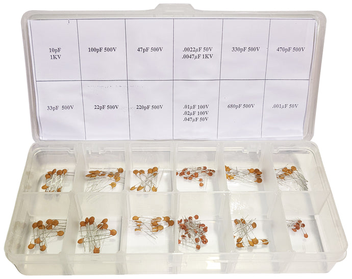 150 Piece Ceramic Disc Capacitor Assortment, 15 Different Values 10pF to 0.047uF - Includes Storage Case