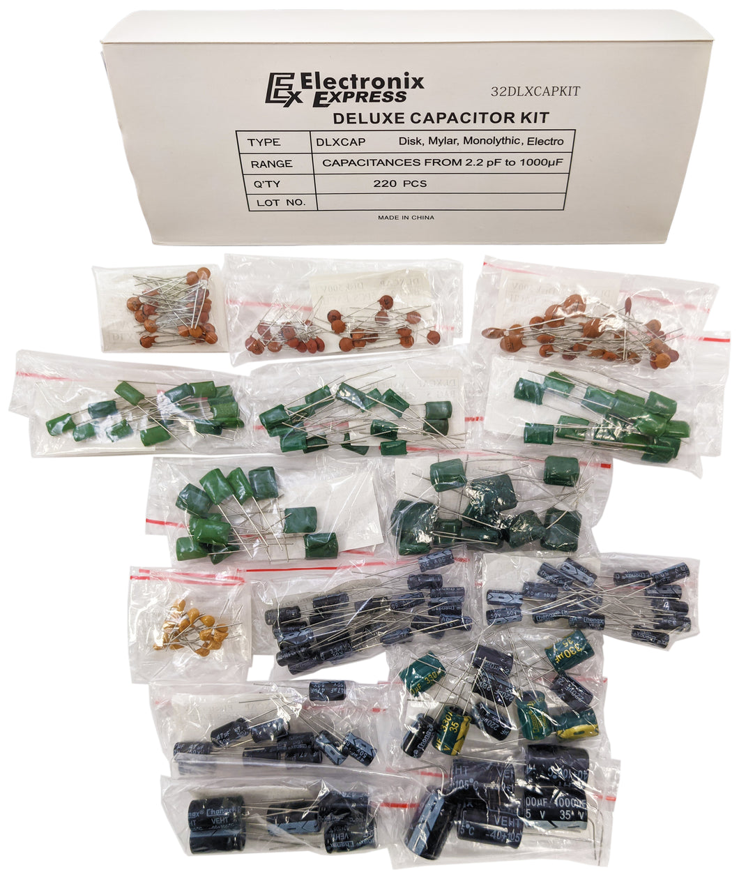 220 Piece Deluxe Capacitor Kit - Includes Disk, Mylar, Monolithic, and Electro Radial Capacitors