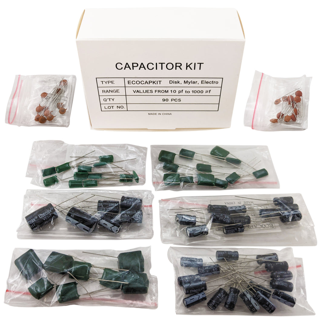 Capacitor kit with 90 capacitors of assorted values | Includes Disk, Mylar, and Electro Capacitors | All capacitors are contained in a compartmentalized storage box