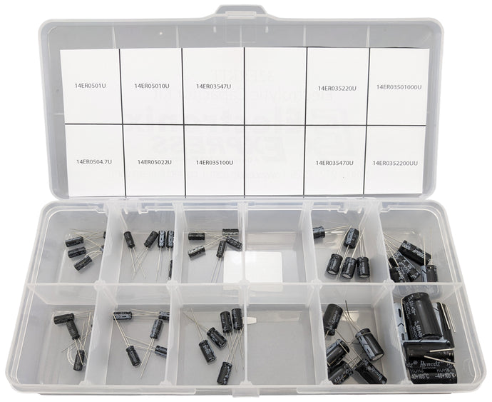 50 Piece Electrolytic Capacitor Assortment Kit with Case, 10 Different Values, 1 μF to 2,200 μF
