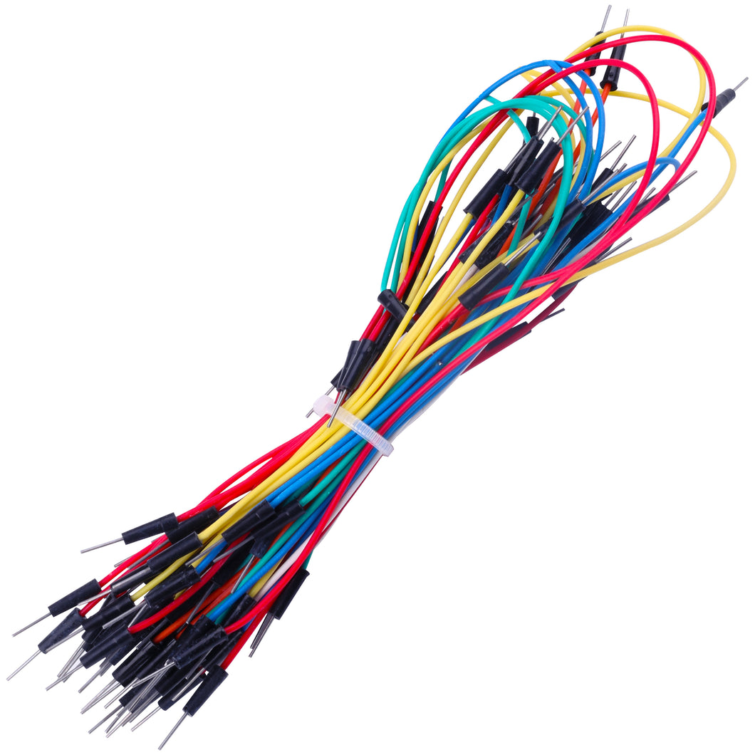 75 Flexible Breadboard Jumper Wires in assorted colors and lengths | Male to Male, solid pin at each end | Includes 4 different lengths: 55 short jumpers (3 1/8