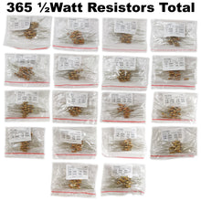 Load image into Gallery viewer, ½ Watt Resistor and Capacitor Combo Kit - Includes an Assortment of 365 Resistors and 220 Capacitors in Slotted Storage Boxes
