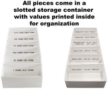 Load image into Gallery viewer, ½ Watt Resistor and Capacitor Combo Kit - Includes an Assortment of 365 Resistors and 220 Capacitors in Slotted Storage Boxes
