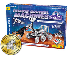 Load image into Gallery viewer, With this engineering kit, you can build a remote-controlled model of a robotic rover resembling the ones used to explore Mars | This 237-piece construction set includes instructions to build not only the robot rover, but nine additional space-themed models as well | A full-color, 64-page step-by-step illustrated manual helps kids assemble all of the models | Learn about the history of Mars exploration, robotics in satellites, deep-space exploration, and the robots in popular space-related scien
