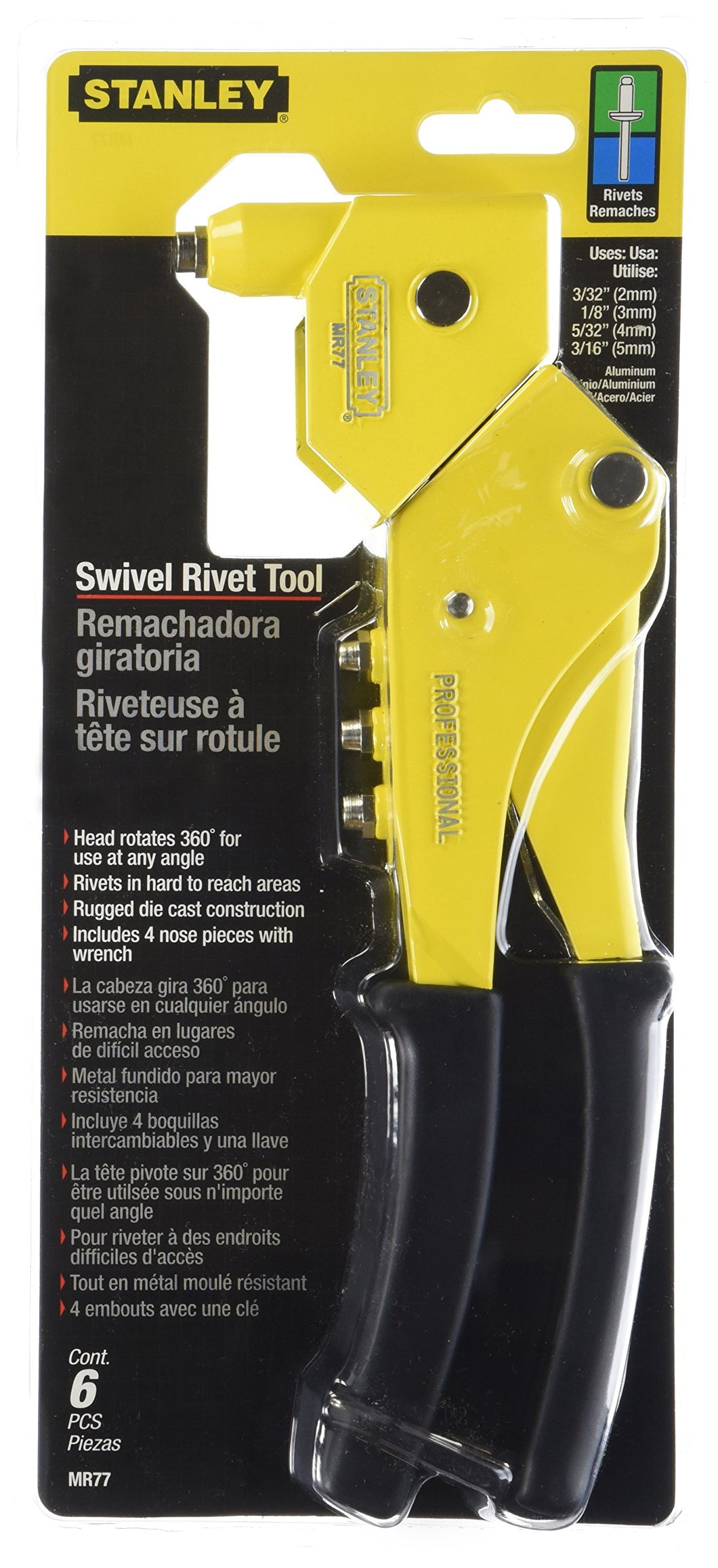 Stanley Heavy Duty Swivel Head Riveter | Stanley | MR77C | Sets rivets at right angle or straight-on, with a simple twist of rivet head | Rugged die-cast metal construction for long life