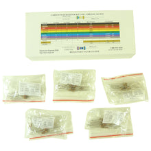 Load image into Gallery viewer, 365 Piece 1/4 Watt Resistor Kit | Resistor Color Guide and Reference Guide printed on box | Slotted compartments for easy access, each value in its own individual bag | 5 each of 73 standard 5% carbon film resistors in the series | The values of the resistors in the kit are listed above in the product description

