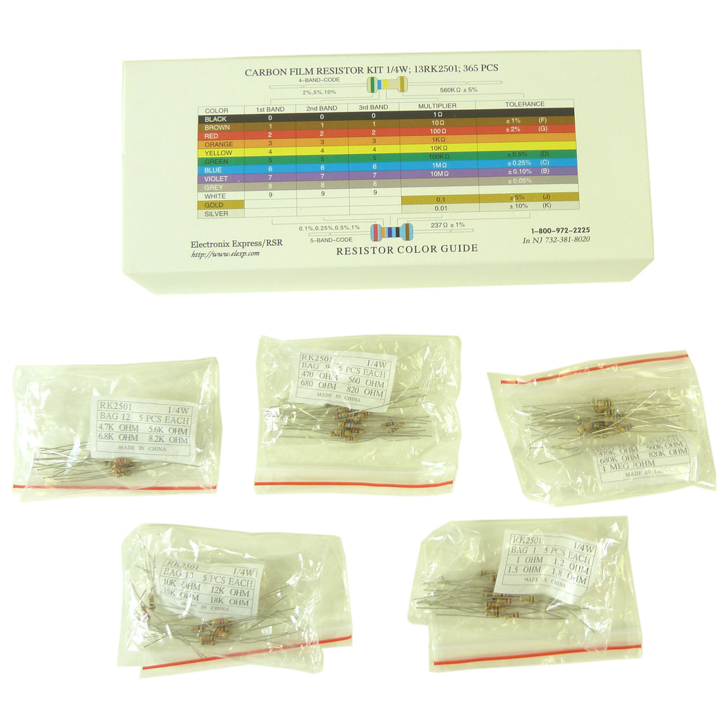365 Piece 1/4 Watt Resistor Kit | Resistor Color Guide and Reference Guide printed on box | Slotted compartments for easy access, each value in its own individual bag | 5 each of 73 standard 5% carbon film resistors in the series | The values of the resistors in the kit are listed above in the product description