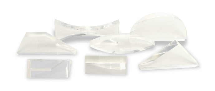 Set of seven lenses and prisms for demonstrating optical principles and effects for students | Includes double-concave, double-convex, trapezoidal, plano-convex, and various triangular shaped lenses | Made of acrylic for optical clarity