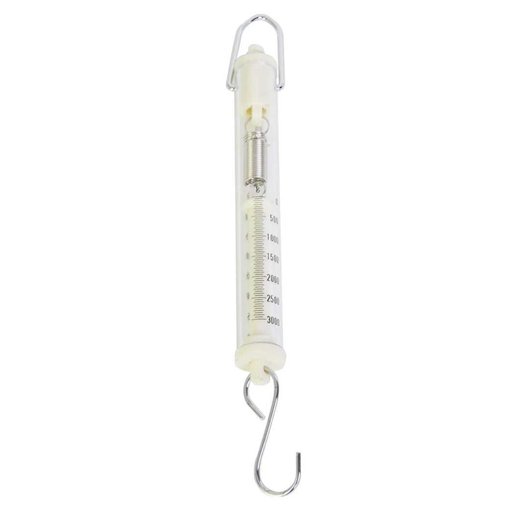Tubular Spring Scale 3kg / 30 Newtons | Top is flat on one side so that the scale can be used with an inclined plane | Clear plastic tube so that students can see the action of the spring | Color: White | 