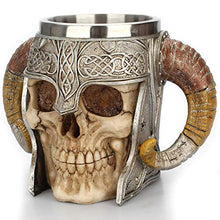 Load image into Gallery viewer, Viking Skeleton Mug with Horn Handles - Stainless Steel Cup Holds 17 Ounces - Gothic Medieval Tankard
