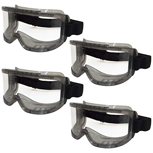 Pack of 4 | Protects against impact, dust, mist and chemical splash | Elastic head strap is adjustable to ensure a safe, snug fit. Wearable over prescription glasses. | Anti-fog ventilation system minimizes fogging by circulating air through the optical chamber | Independently tested and certified by Underwriters Laboratories to meet ANSI Z87+ standards