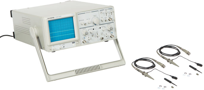 20 MHz, two-channel analog oscilloscope for electronics applications such as product design, assembly lines, repair and servicing, and electrical engineering education | Vertical sensitivity to 1mV per division for capturing low-level signals | ALT triggering function allows simultaneous signal viewing of both channels | Z-axis input modulates the intensity of the waveform | 6