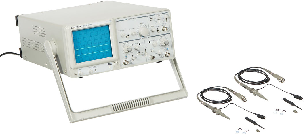 20 MHz, two-channel analog oscilloscope for electronics applications such as product design, assembly lines, repair and servicing, and electrical engineering education | Vertical sensitivity to 1mV per division for capturing low-level signals | ALT triggering function allows simultaneous signal viewing of both channels | Z-axis input modulates the intensity of the waveform | 6