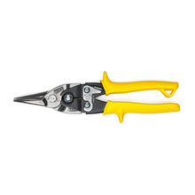 Load image into Gallery viewer, Cuts straight and slight curves with yellow handles for quick identification | Precision cast molybdenum blades with conk ground edges and serrations for cutting low carbon, cold rolled 18 gauge steel | Blade serrations spread cutting force across jaws improving cut quality and tool life | Superior Design prevents tears at end of cuts by controlling blade bypass and minimizes folding and burrs | Ergonomic, single handed latch operation for left or right handed use
