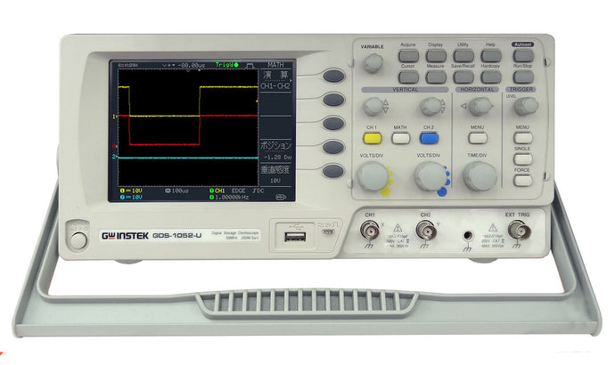 Two-channel, portable digital oscilloscope for electronics applications such as product design, assembly lines, repair and servicing, and electrical engineering education | Maximum real-time sample rate of 250MS/s and record length of 4 kpts per channel for acquiring detailed waveforms | Auto-set function automatically selects the optimum settings for displaying waveforms | Add, subtract, and FFT math functions and 19 measurement parameters for analyzing waveforms | 5.7
